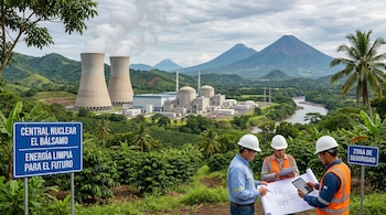 Tres técnicos con cascos miran planos y tablets frente a la Central Nuclear El Bálsamo, con torres de refrigeración, un río y volcanes.