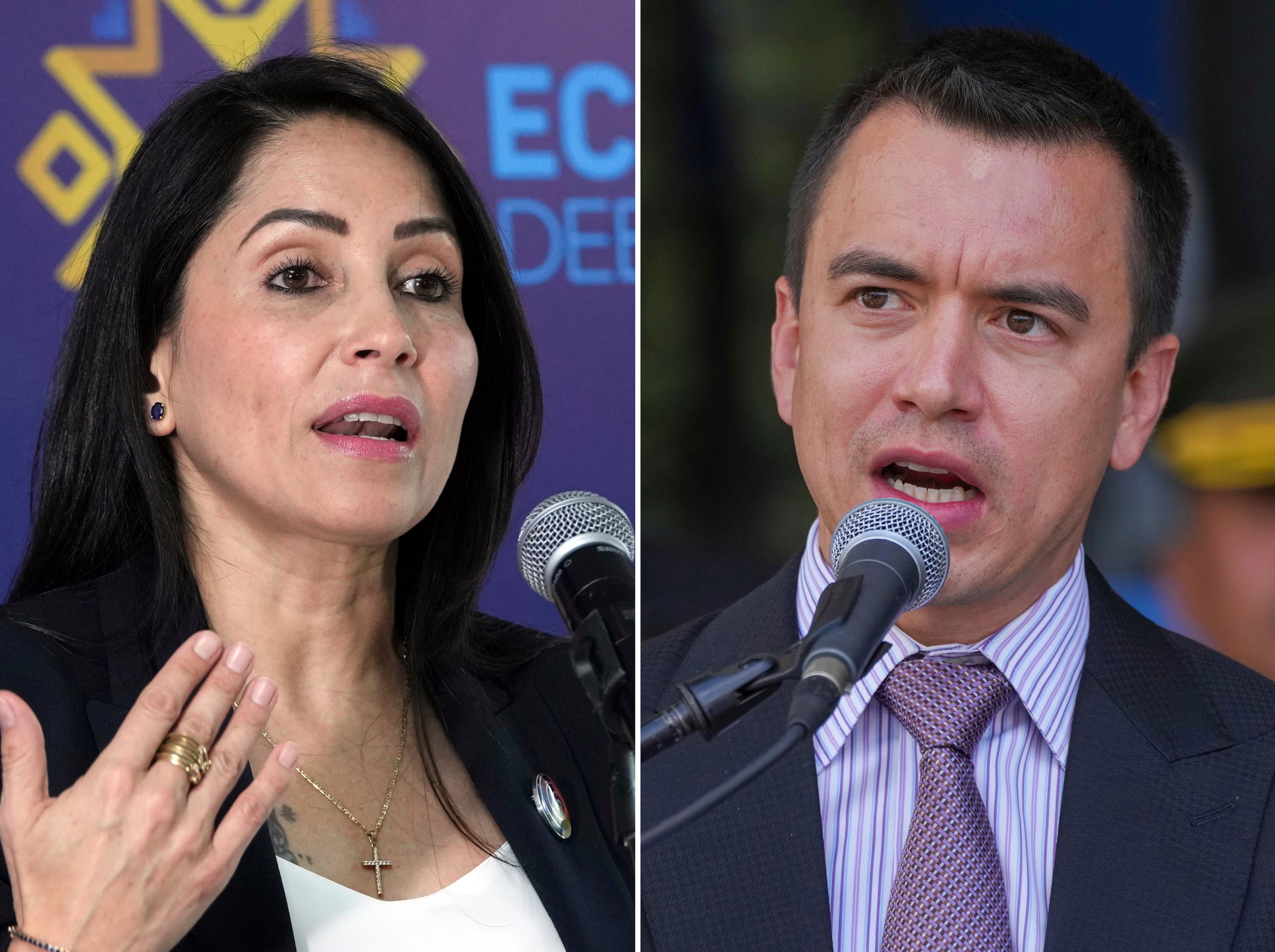 ARCHIVO - Esta imagen combinada muestra a Luisa Gonzalez, candidata presidencial del Movimiento Revolución Ciudadana, a la izquierda, y el presidente de Ecuador, Daniel Noboa, hablan en actos distintos en Quito, Ecuador el 19 de enero de 2025 y el 22 de enero de 2024. (AP Foto/Dolores Ochoa, Archivo)