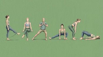 Ilustración de seis figuras humanas estilizadas realizando ejercicios de movilidad de cadera sobre un fondo verde, con colores piel, verdes y azules.