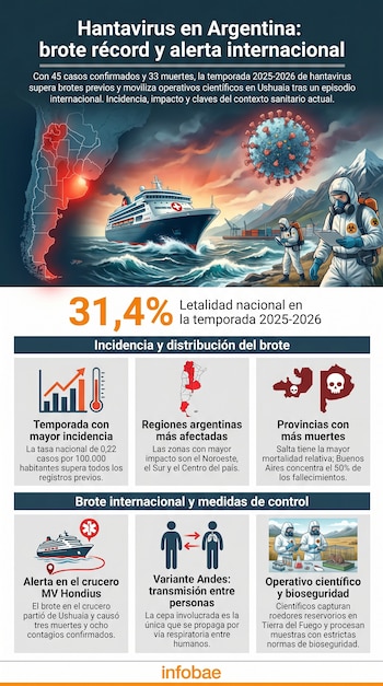 Infografía que muestra el hantavirus en Argentina con un mapa de zonas afectadas, un crucero, científicos en bioseguridad y el virus.