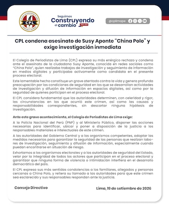 Un comunicado del Colegio de Periodistas de Lima impreso con logotipo y texto titulado CPL condena asesinato de Susy Aponte