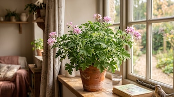 Planta verde con flores rosadas en maceta de barro sobre un alféizar de madera, junto a un vaso con agua, un libro y una ventana.