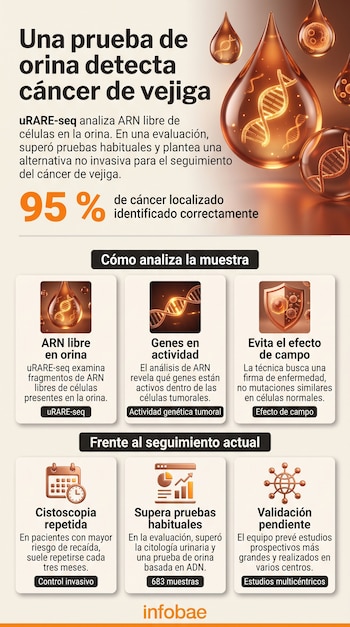 Infografía vertical con texto explicativo, ilustraciones de gotas de líquido con cadenas de ADN y seis recuadros informativos con íconos.