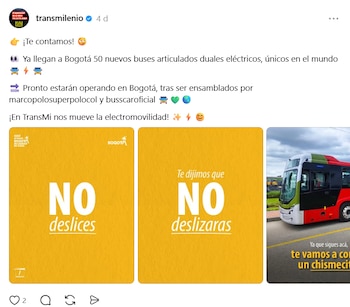 De los 711 nuevos buses eléctricos que TransMilenio sumará entre 2026 y 2027, cincuenta son articulados duales y 100 % eléctricos - crédito Transmilenio / Threads