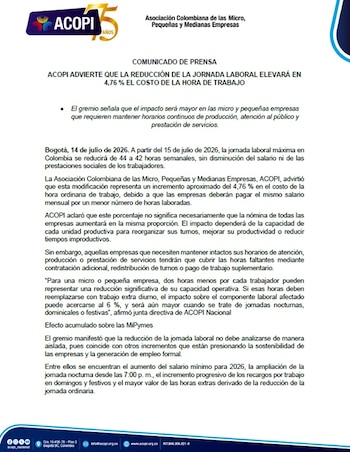 Acopi dice que la hora de trabajo le saldrá más de 4% más costosa a las mipymes con la reducción de la jornada laboral - crédito