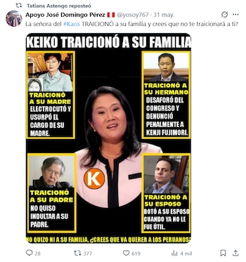 Montaje con Keiko Fujimori sonriendo, rodeada de fotos de Alberto Fujimori, Kenji Fujimori, Susana Higuchi y Mark Vito. Textos critican supuestas traiciones