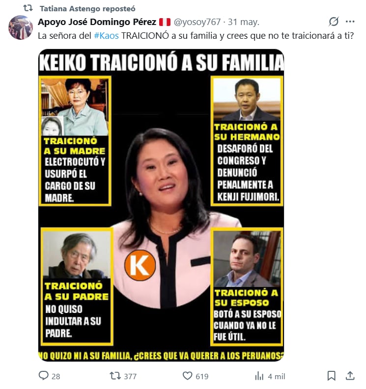 Astengo insta a los votantes a considerar los antecedentes familiares y políticos de Keiko Fujimori antes de emitir su voto en la segunda vuelta electoral. (X Tatiana Astengo)