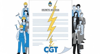 Ilustración de un decreto con el Escudo Argentino y "Decreto 407/2026", partido por un rayo. A los lados, siluetas de trabajadores y empresarios. Logo CGT dividido.