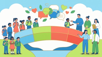 Ilustración de un puente. A un lado, niños y adolescentes con mochilas. Al otro, adultos profesionales. Globos de diálogo, corazones y hojas verdes flotan.