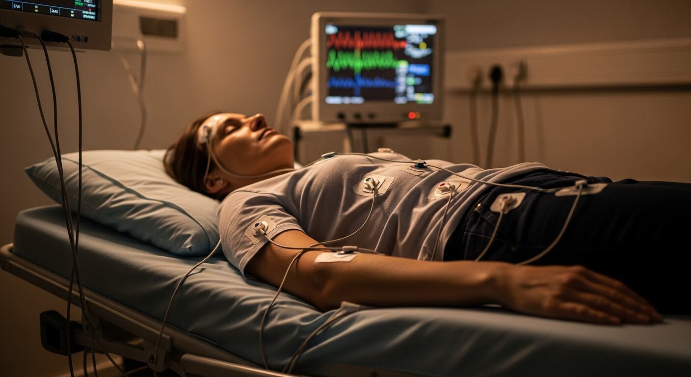 Una paciente permanece recostada en una camilla de hospital mientras es sometida a un monitoreo intensivo con múltiples electrodos conectados a su cuerpo. Al fondo, pantallas muestran lecturas de signos vitales en tiempo real, destacando la importancia de la tecnología en la vigilancia de la salud en ambientes clínicos. (Imagen Ilustrativa Infobae)