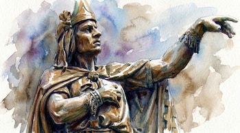 Ilustración detallada en acuarela de una estatua de un guerrero prehispánico con tocado y atuendo ceremonial, un brazo extendido, sobre un fondo abstracto de color.