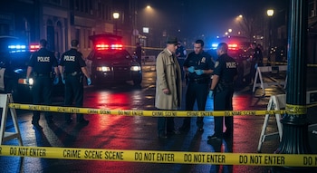 Agentes de policía y un detective en una calle oscura con luces rojas y azules de coches policiales y cinta amarilla "CRIME SCENE DO NOT ENTER".