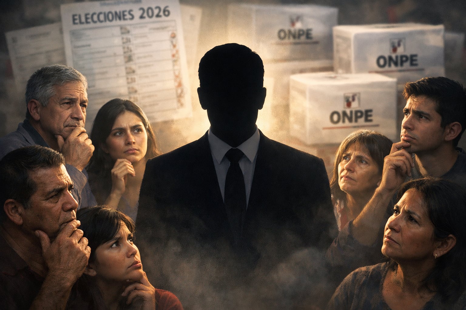 Una silueta de candidato presidencial se alza entre votantes pensativos y dubitativos, con papeletas electorales de la ONPE y urnas de fondo, en un ambiente que evoca la incertidumbre del proceso electoral 2026. (Imagen Ilustrativa Infobae)