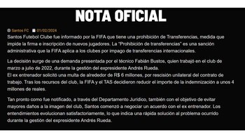 Pronunciamiento de Santos FC tras castigo FIFA por incumplimiento de pago a Fabián Bustos, técnico de Universitario.