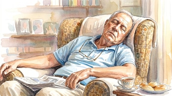 Ilustración en acuarela: Hombre mayor durmiendo en un sillón con gafas en la camisa, periódico en el regazo y taza de té con panecillos en mesa auxiliar.