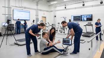Vista interior de un laboratorio moderno de la NASA con científicos que asisten a un hombre durante una prueba motora, rodeados de equipos biomédicos y pantallas.