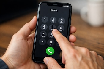 Un primer plano de manos sosteniendo un smartphone negro, con un dedo presionando el número '5' en el teclado numérico de la pantalla, listo para llamar.