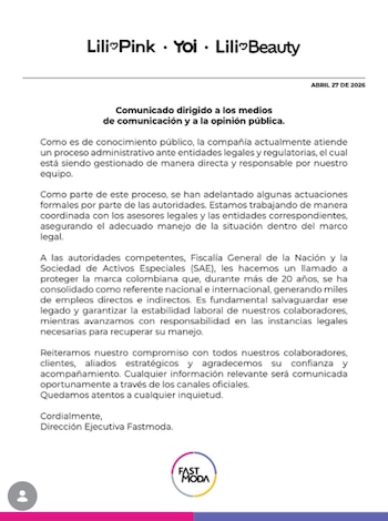 Lili Pink emitió un comunicado confirmando las acciones adelantadas por la Fiscalía en sus tiendas. Aclaró que se está atendiendo un proceso administrativo - crédito @lilipinkcol/IG