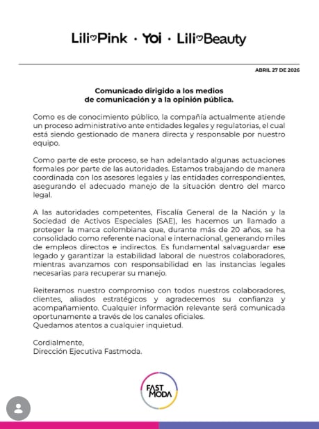 Lili Pink emitió un comunicado confirmando las acciones adelantadas por la Fiscalía en sus tiendas. Aclaró que se está atendiendo un proceso administrativo - crédito @lilipinkcol/IG
