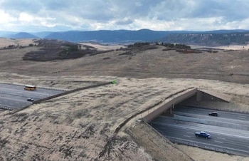 Vista aérea de un puente cubierto de tierra y vegetación que cruza una autopista con vehículos, entre colinas y montañas al fondo