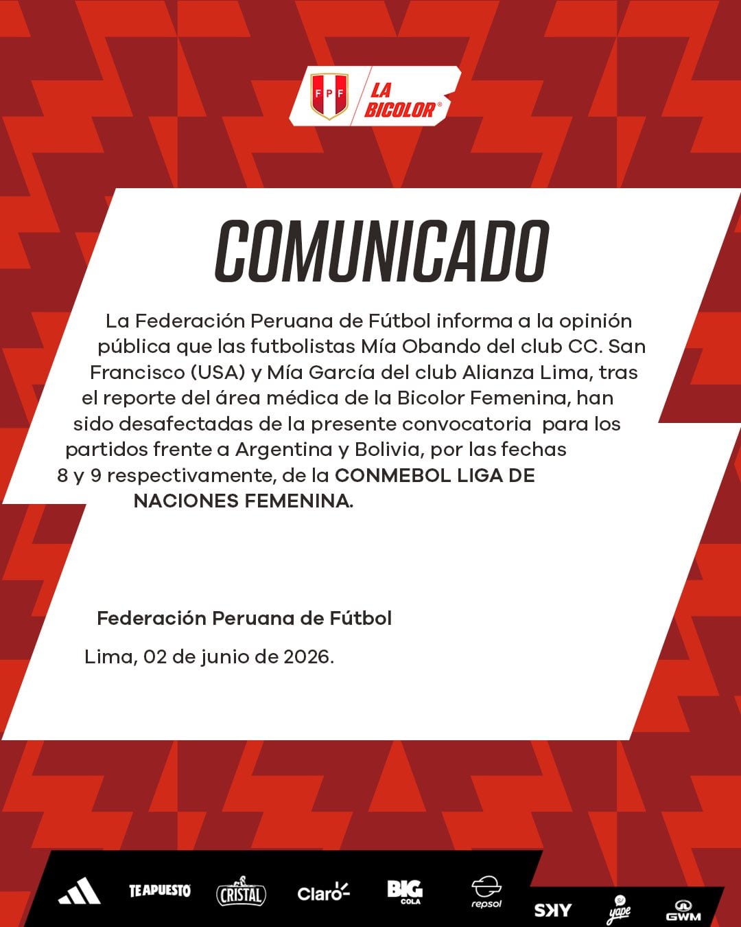 Mía Obando y Mía García quedan fuera de la convocatoria de la selección peruana. Crédito: X La Bicolor.