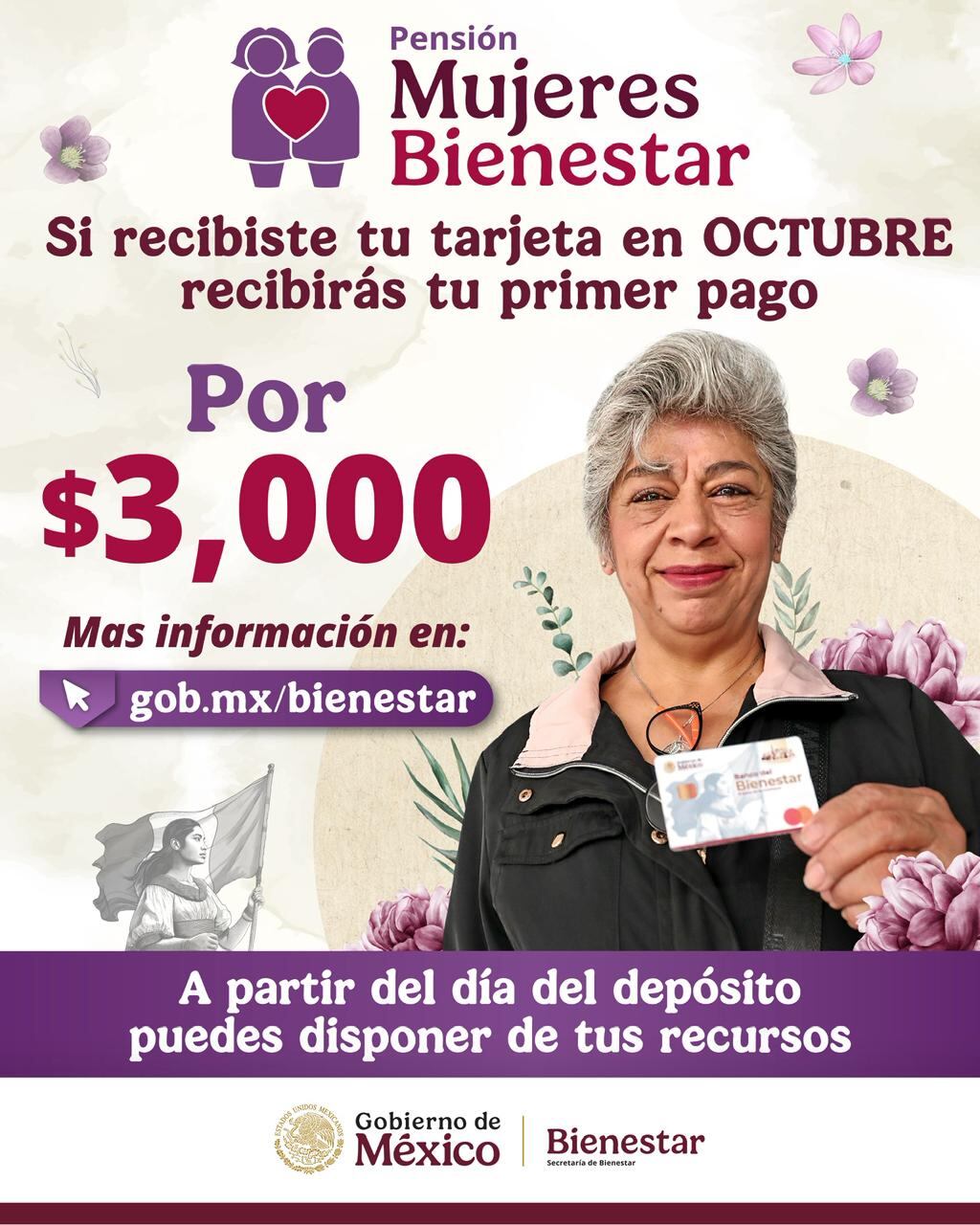La Secretaría de Bienestar realiza el depósito de 3 mil pesos a nuevas beneficiarias de 60 a 64 años, como parte de la primera etapa de dispersión de la Pensión Mujeres Bienestar