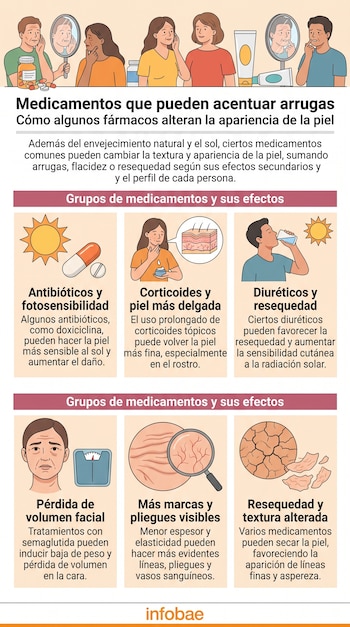 Infografía con ilustraciones de rostros, medicamentos, un sol, una balanza y una lupa sobre recuadros de texto explicativo.