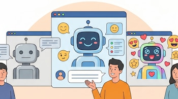Ilustración de tres ventanas de chat mostrando robots de IA y usuarios. Un robot gris con un usuario; un robot azul sonriente con un usuario feliz; un robot multicolor alegre con otro usuario.