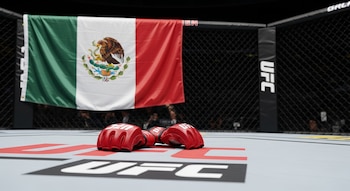 Un par de guantes rojos de UFC yace en el centro del octágono de UFC, con la bandera mexicana colgando al fondo, detrás de la valla metálica.