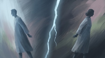 Ilustración digital de dos figuras humanas estilizadas de pie, dándose la espalda, separadas por una grieta vertical luminosa. Predominan tonos azules, grises y malvas.