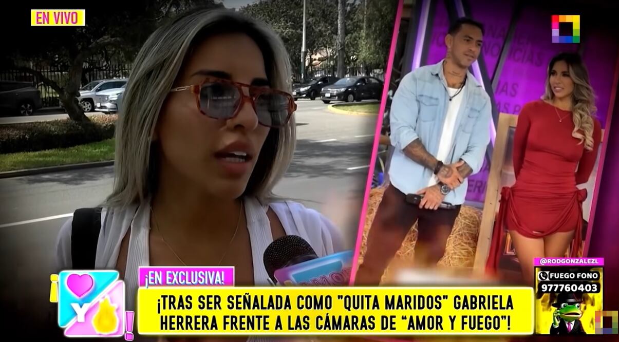 Gabriela Herrera declara a la prensa en exteriores mientras un recuadro muestra a Diego Chávarri y una mujer en el set del programa Amor y Fuego, tras sus comentarios sobre un posible romance.