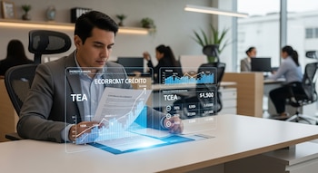 Um homem de terno examina um contrato de empréstimo no escritório. Os dados financeiros holográficos exibem gráficos, taxas de juros, TEA e TCEA.
