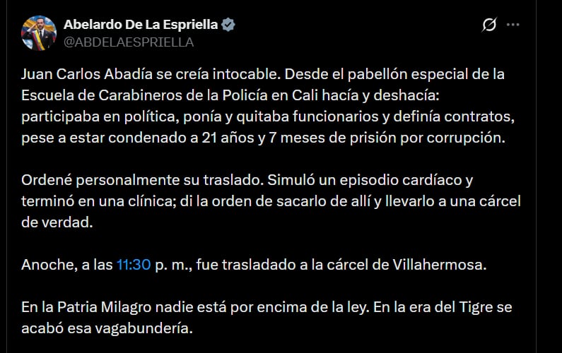El presidente Abelardo de la Espriella aseguró que el Estado dispondrá de sus capacidades para combatir el incendio en Villa de Leyva - crédito @ABDELAESPRIELLA/X