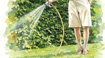 Ilustración en acuarela de persona con pantalón corto, calcetines, zapatos. Manguera amarilla en mano riega un seto verde con chorros de agua.