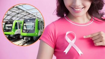 Mujer con camiseta rosa señala un lazo rosado de concienciación sobre el cáncer, junto a una imagen circular con dos trenes verdes del Metro de Lima