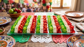 Porciones de gelatina de color verde, blanco y rojo sobre una bandeja transparente en una mesa con vajilla de cerámica y papel picado.