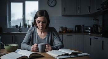 Una mujer con moretones visibles alrededor de los ojos se sienta en una mesa de cocina de madera, sosteniendo una taza con ambas manos, con libros abiertos y un tazón verde.