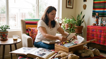 Mujer sentada en sillón con taza de café, revisa fotografías y un dibujo infantil de una caja de madera. Hay álbumes de fotos, peluches y plantas.