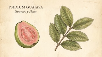 Dibujo de una guayaba partida por la mitad a la izquierda y un tallo con hojas de guayaba a la derecha, sobre un fondo color crema con textura.