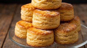 Varios scones redondos de tono dorado apilados sobre un plato transparente en una mesa de madera.