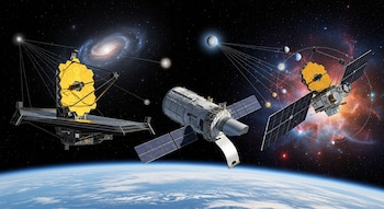 Representación artística de tres telescopios espaciales sobre la Tierra, incluyendo James Webb, Hubble y Roman, en un cielo con galaxias y planetas.