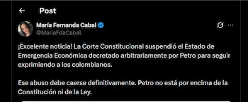 La senadora María Fernanda Cabal definió la suspensión como una victoria institucional frente a lo que denominó abusos del Poder Ejecutivo - crédito @MariaFdaCabal/X