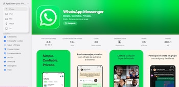 Captura de pantalla de la página de WhatsApp Messenger en App Store, que muestra logo, título, calificaciones, categorías y vista previa de funcionalidades