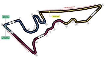 Diagrama del trazado de una pista de carreras con veinte curvas numeradas, tres sectores en distintos colores y áreas técnicas señalizadas
