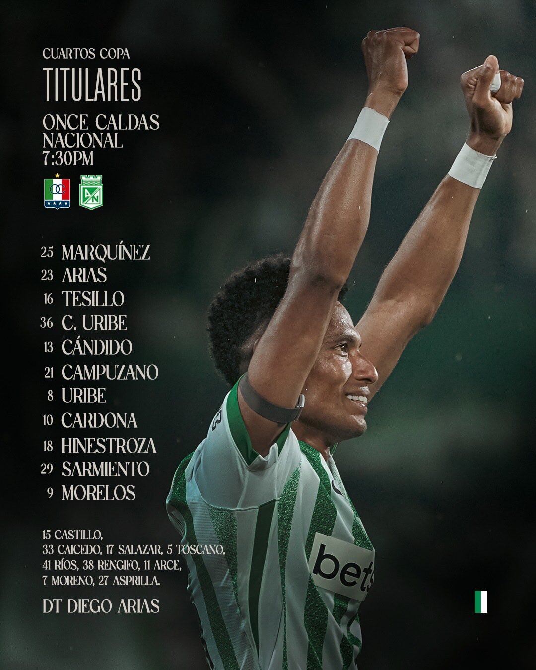 Titulares de Nacional en su visita a Once Caldas por los cuartos de final de la Copa BetPlay - crédito @nacionaloficial/X