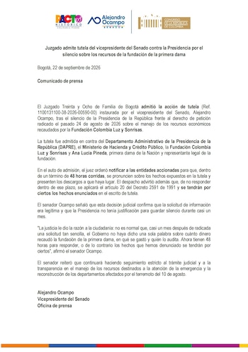 Senador Alejandro Ocampo confirmó que juez admitió acción de tutela contra la primera dama