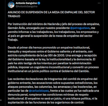 El Gobierno nacional pidió la intervención de la Procuraduría y la Contraloría para supervisar el empalme y garantizar transparencia, confianza institucional y escrutinio ciudadano - crédito X
