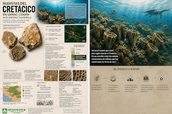 Infografía compuesta por mapas geológicos, fotografías de fósiles de moluscos, esquemas estratigráficos e ilustraciones de un arrecife marino.