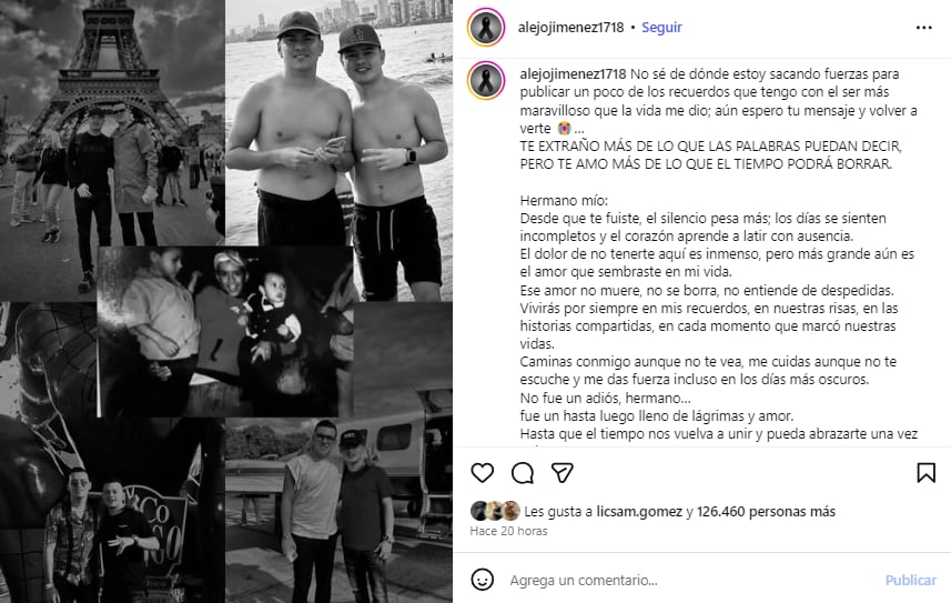 Hermano de Yeison Jiménez lamentó la muerte del cantante en el accidente aéreo - crédito @alejojimenez1718/IG