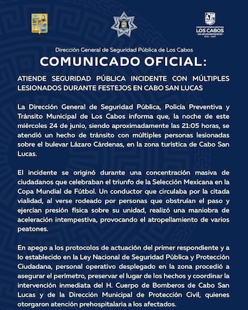 Documento oficial con texto "Comunicado Oficial", información sobre un incidente de tránsito y logotipos de Seguridad Pública de Los Cabos y el Ayuntamiento